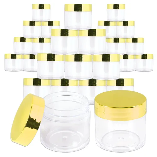 Beauticom 1.06 oz/1.0 fl oz (1 fl. oz.) Tarros de plástico transparente de doble pared a prueba de fugas con tapas superiores planas para cremas, Oro