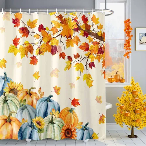 Miniatura 3 de Cortina de ducha de otoño con hojas de arce y ganchos, tela de poliéster impermeable, cosecha de Acción de Gracias, calabaza, girasol, juego