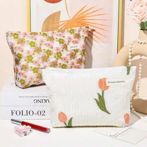 Miniatura 2 de SOIDRAM Bolsa de maquillaje de flores de 2 piezas, bolsa grande de cosméticos florales de gran capacidad, bolsa de viaje de lona para artículos
