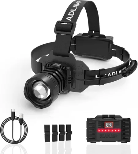 Miniatura 9 de Linterna frontal recargable con zoom y luz lateral roja, 4000LM con sensor de movimiento, luces de 3 colores, IP65, impermeable, 90°, ajustable