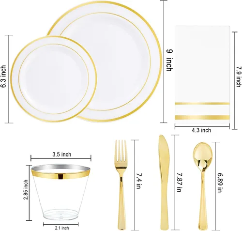 Miniatura 2 de NOCCUR 700 platos de plástico dorados, juego de vajilla desechable dorada para 100 personas, incluye 200 platos de cena/postre, 300 cubiertos, 100