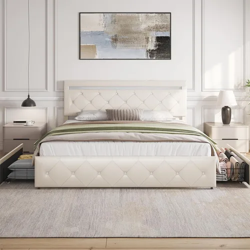 Benevika Base de cama tamaño full con 4 cajones y luz LED, estación de carga, cama de plataforma de almacenamiento tapizada en cuero PU con cabecera