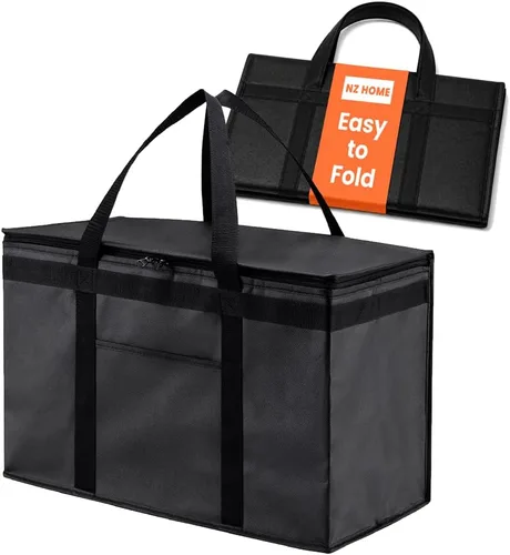 NZ home Bolsa térmica XXL aislada y calentador de alimentos para entrega y compras de comestibles con parte superior con cremallera, color negro