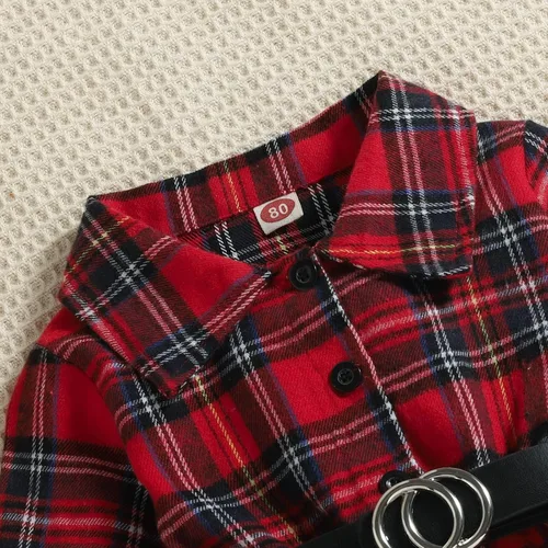 Miniatura 2 de Conjunto de cinturón de vestir de manga larga con volantes y estampado a cuadros para niñas pequeñas rojo 4-5 años