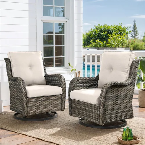 Miniatura 45 de HUMMUH Sillas Mecedoras Giratorias de Mimbre para Patio Exterior con Respaldo Alto, Sillas Deslizantes de Ratán PE, Juego de Muebles de Patio de 4