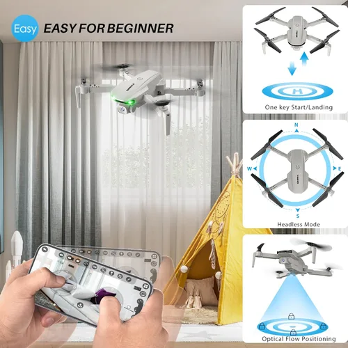 Miniatura 4 de SIMREX Dron con cámara para niños principiantes y adultos – Cuadricóptero RC plegable con retención de altitud, posicionamiento de flujo óptico, Gris