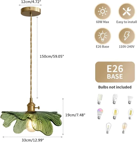 Miniatura 6 de Lámpara colgante colgante de 1 luz, lámparas colgantes de latón dorado, pantalla de vidrio de flores verdes, iluminación colgante moderna