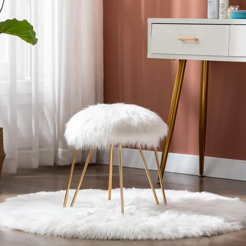 Miniatura 7 de DUHOME Otomana de piel sintética, taburete de maquillaje redondo con patas de metal dorado para dormitorio, sala de estar, color blanco