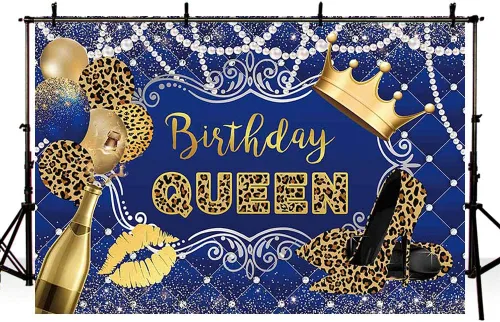 Miniatura 4 de AIBIIN Telón de fondo de cumpleaños de 7 x 5 pies para mujer, niña, leopardo, azul rey y oro, corona de globos, champán, fondo de fotografía