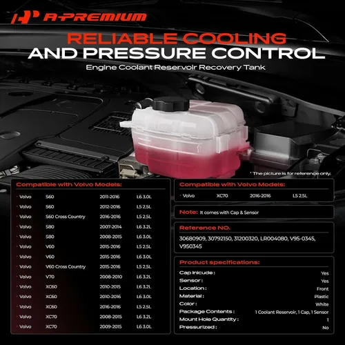 Miniatura 2 de A-Premium Tanque de depósito de desbordamiento de refrigerante [con tapa y sensor] compatible con Volvo S60 2011-2016, S80 2006-2015, XC60 2010-2016