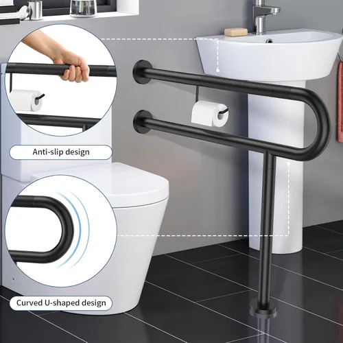 Miniatura 3 de ZUEXT - Riel de soporte para inodoro con soporte para papel higiénico de 31.5 x 28 pulgadas, barra de agarre antideslizante de pared a piso