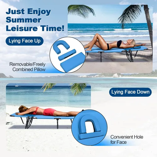 Miniatura 2 de Goplus Silla de bronceado, silla de playa plegable con agujero facial, almohada extraíble, correa de transporte, posición ajustable, silla