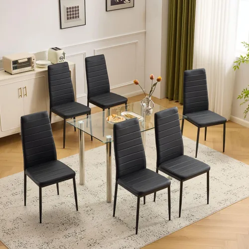 Miniatura 11 de Karl home Juego de 4 sillas de comedor, sillas de cocina de cuero sintético PU negro con respaldo alto acolchado y protección de tapas para pies
