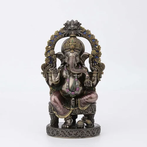 Veronese Design 10 1/4 pulgadas de alto Lord Ganesha sentado en el trono con arco del templo elefante hindú Dios Fortuna Estatua de resina bronceada