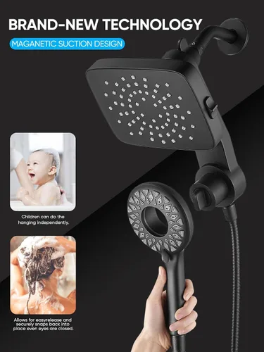 Miniatura 7 de Cobbe Cabezal de ducha doble con mano magnética, ducha de lluvia de alta presión combinada 2 en 1 fija y desmontable, múltiples modos de Negro