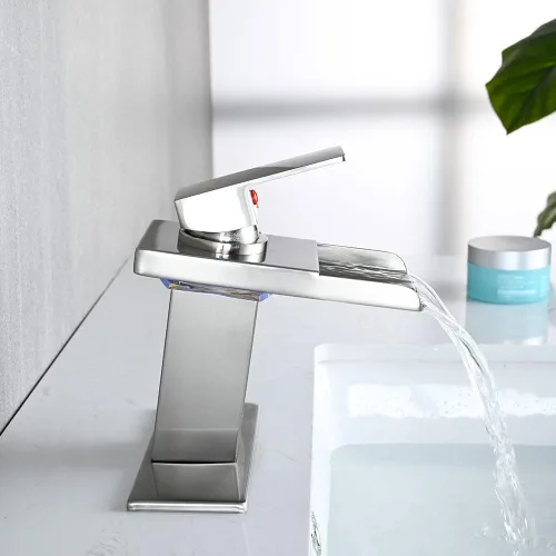 Miniatura 7 de AVSIILE Grifo LED para fregadero de baño, grifo de lavabo de cascada de níquel cepillado de un solo agujero con drenaje desplegable de metal y 2