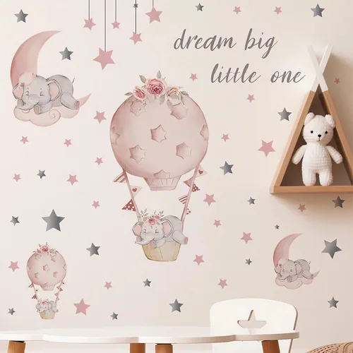Miniatura 2 de Adhesivo de pared grande con diseño de elefante y elefante rosa durmiendo, sacinora Moon and Stars, vinilo extraíble para niños, guardería