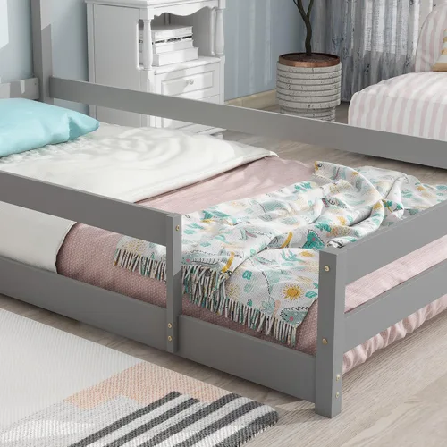 Miniatura 7 de Cama de suelo de tamaño individual con cabecera en forma de casa, cama individual de madera para niños con rieles, cama de piso individual