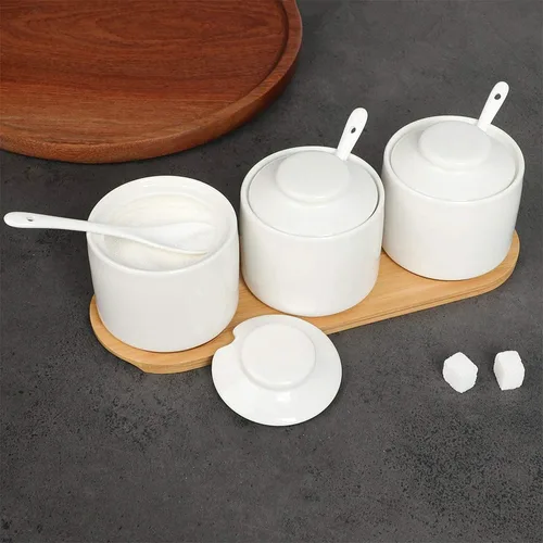 Miniatura 4 de ONTUBE Juego de 3 tarros de porcelana para condimentos con bandeja, cuchara de cerámica y tapa, caja de condimentos, azucarero, 8 onzas
