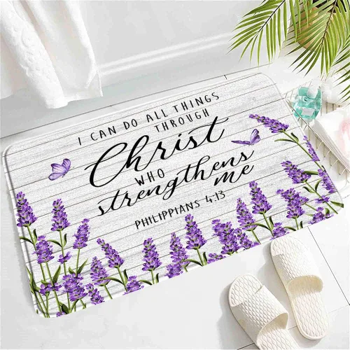 Tapete de baño de color lila lavanda, flores moradas rústicas y mariposas, con cita inspiradora de granja, vintage, de madera, antideslizante,