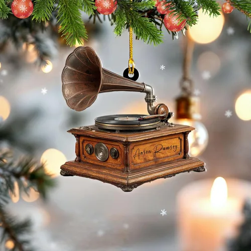 Miniatura 11 de Adorno de Navidad personalizado, máquina de discos de vinilo, adorno plano 2D, adorno para tocadiscos, instrumento musical, decoración de árbol