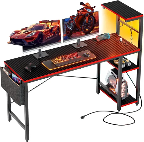 Miniatura 12 de Bestier Escritorio para juegos con tomas de corriente, escritorio LED grande de 61 pulgadas con estantes reversibles de 4 niveles, mesa