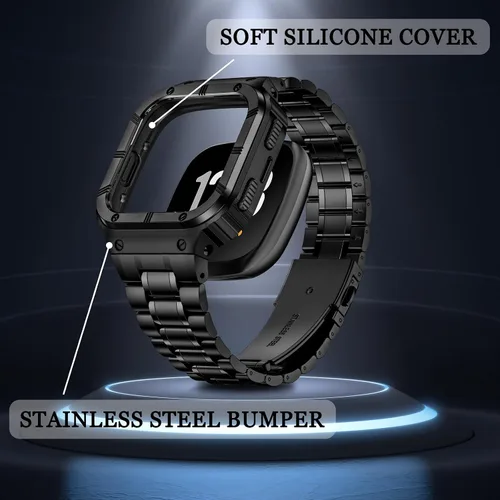 Miniatura 3 de BAITEYOU Correa de reloj de acero inoxidable con funda compatible con Fitbit Versa/Fitbit Sense Bands, pulseras de metal protectoras resistentes