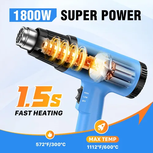 Miniatura 2 de Seekone Pistola de calor, kit de pistola de aire caliente de 1800 W de alta resistencia, configuración de temperatura dual 299℃ y 599℃, pistola