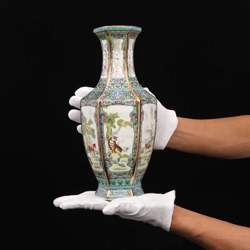Miniatura 4 de QueenBox® Jarrones de planta de cerámica hexagonal y animales, pintura china, florero de flores de paisaje, adornos tradicionales de porcelana