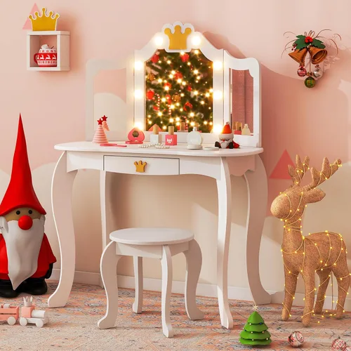 Miniatura 11 de Costzon Juego de Mesa y Silla de Tocador para Niños, Mesa de Maquillaje Princesa con Cajón y Espejo de Tres Pliegues, Juego de Tocador 2 en 1