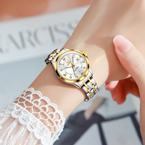 Miniatura 2 de OLEVS Relojes de diamante de lujo pequeños para mujer - Pulsera de acero inoxidable, impermeables, analógicos, luminosos, con fecha, relojes