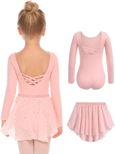 Zaclotre Leotardos de ballet para niñas, de manga larga, espalda cruzada, traje de baile con falda brillante extraíble