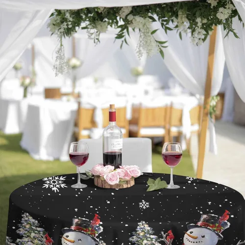 Miniatura 9 de Mantel redondo negro de Navidad, impermeable y resistente a las manchas, mantel lavable sin arrugas para comedor, fiesta, boda, muñeco de nieve