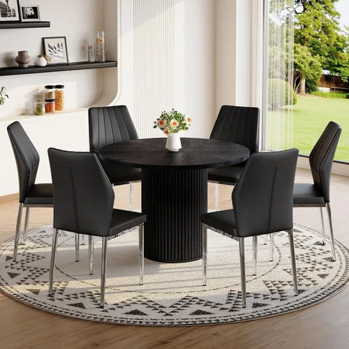 Miniatura 25 de Mesa de comedor redonda para 4-6, mesa de comedor negra con tablero de madera de 42'' y base de pedestal cilíndrico, mesa de cena redonda