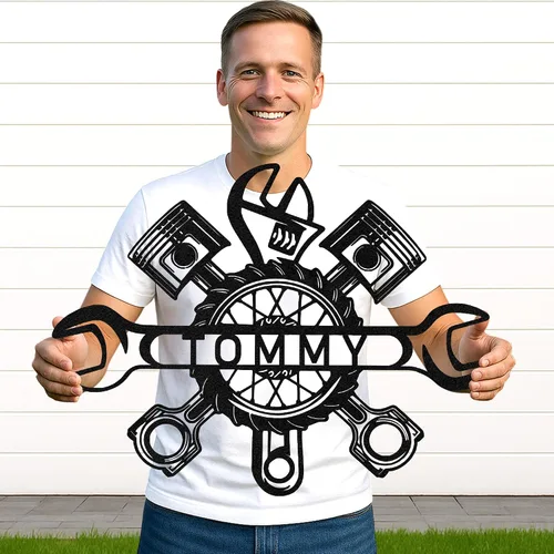 Miniatura 13 de Letrero de metal personalizado para garaje, arte de pared personalizado para hombres, decoración de taller mecánico con nombre, decoración