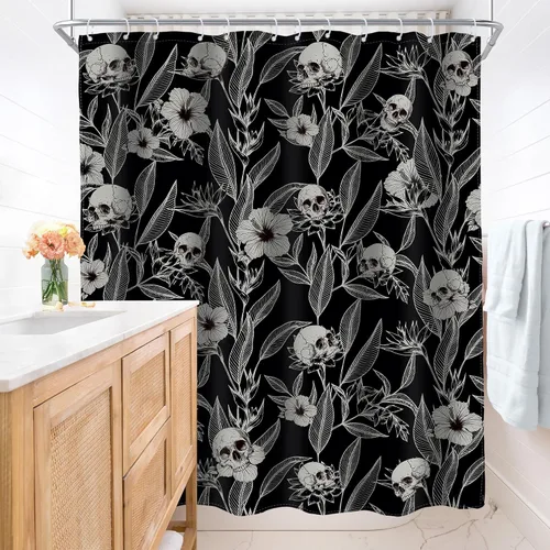 Miniatura 4 de AMBZEK Cortina de ducha con diseño floral de calavera gótica, 60 pulgadas de ancho x 72 pulgadas de largo, para hombre, esqueleto gótico