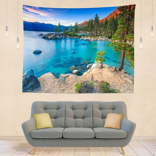 Miniatura 5 de BELECO Tapiz de lago de montaña de 60 x 40 pulgadas, color azul Lake Tahoe, con vista de orilla rocosa, playa, bosque verde, pinos, naturaleza