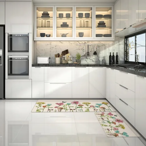 Miniatura 7 de Tapetes de cocina para piso, 2 piezas, color crema, flores coloridas, mariposas, tapetes de cocina para frente del fregadero, alfombras de cocina