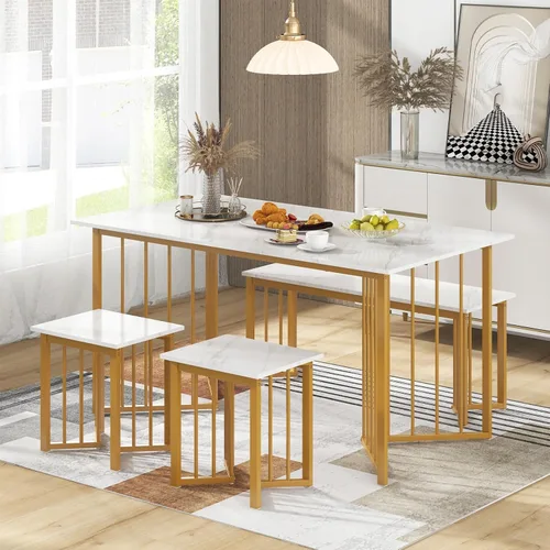 Miniatura 4 de Giantex Juego de mesa de comedor de 4 piezas para 4, juego de sillas de mesa de cocina con banco y 2 taburetes, patas de metal en forma de ala