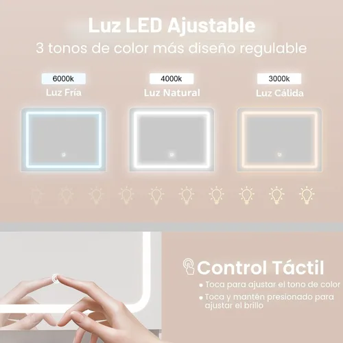 Miniatura 4 de Mesa de tocador con almacenamiento oculto y espejo LED, incluye taburete acolchado, 5 compartimentos, 2 cajones y 1 armario de almacenamiento, ideal