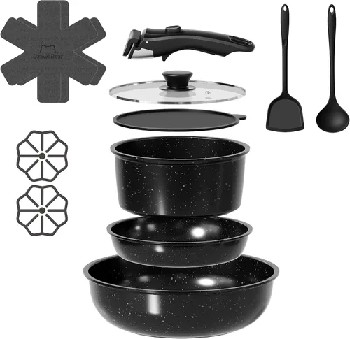 Juego de 12 ollas y sartenes antiadherentes, juego de utensilios de cocina de cerámica no tóxicos con asas desmontables, utensilios de cocina de