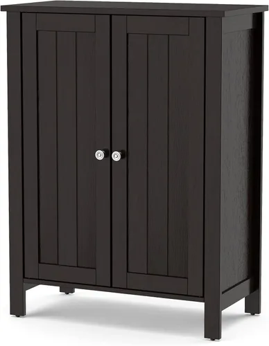 Miniatura 11 de Tangkula Armario de suelo de baño, con puerta doble y estante ajustable, gabinete de almacenamiento de baño de madera de 3 niveles para oficina