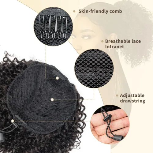 Miniatura 5 de Cola de caballo de cabello humano con cordón para mujeres negras, extensión de cabello humano rizado 4C, 8 pulgadas, aspecto natural, añade volumen