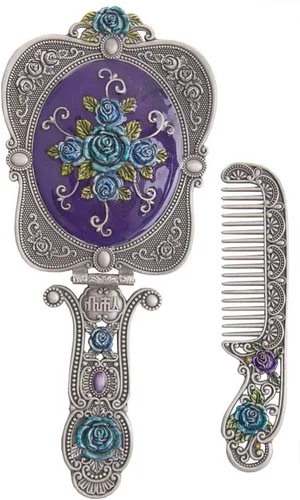 Nerien Espejo de maquillaje de mano de metal vintage con peine, rosa rusa en relieve, espejo plegable portátil de viaje, soporte de mesa decorativo,