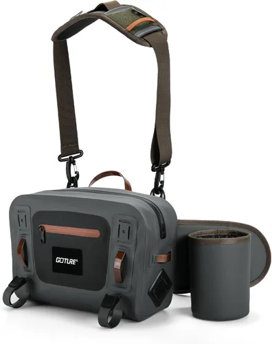 Miniatura 9 de Goture Riñonera de pesca impermeable, IPX8 840D TPU bolsa grande para aparejos con soporte para caña, cierre hermético de cremallera, bolsa de pesca