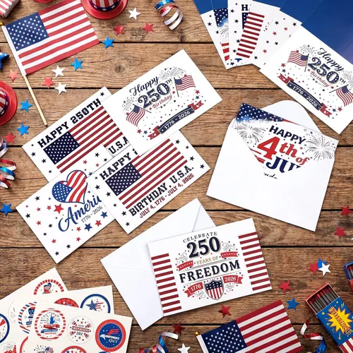 Miniatura 6 de Sherr 120 tarjetas de felicitación patrióticas del 4 de julio a granel para 250 aniversario con 120 sobres blancos y 24 calcomanías, tarjetas