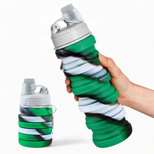 Miniatura 7 de Botella de agua de silicona plegable, portátil, reutilizable, para adultos, niños, estudiantes, viajes, campamento y senderismo, morado y azul