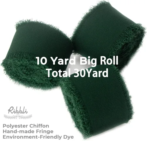 Miniatura 2 de Ribbli - Cinta de gasa de seda de chifón verde bosque, de 1.5 pulgadas x 30 yardas - Hecha a mano, con flecos, para invitaciones de boda, envolver