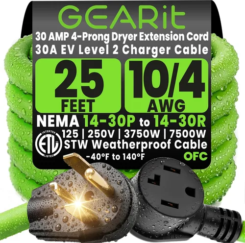 Miniatura 11 de GEARit Cable de extensión para secadora de 30 amperios, cable de extensión NEMA 14-30 de 4 puntas, NEMA 14-30P a 14-30R, 125/250 V resistente 10/4