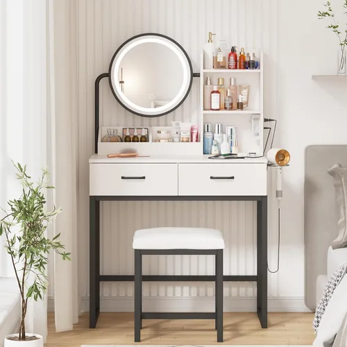 Vabches Tocador de maquillaje con espejo redondo y luces, mesa de maquillaje blanca con estación de carga, mesa de tocador pequeña para dormitorio,